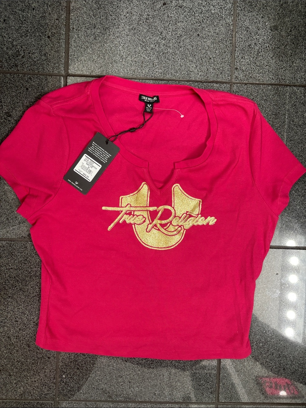 True Religion Hot Pink Short Sleeve Tee with Gold Logo